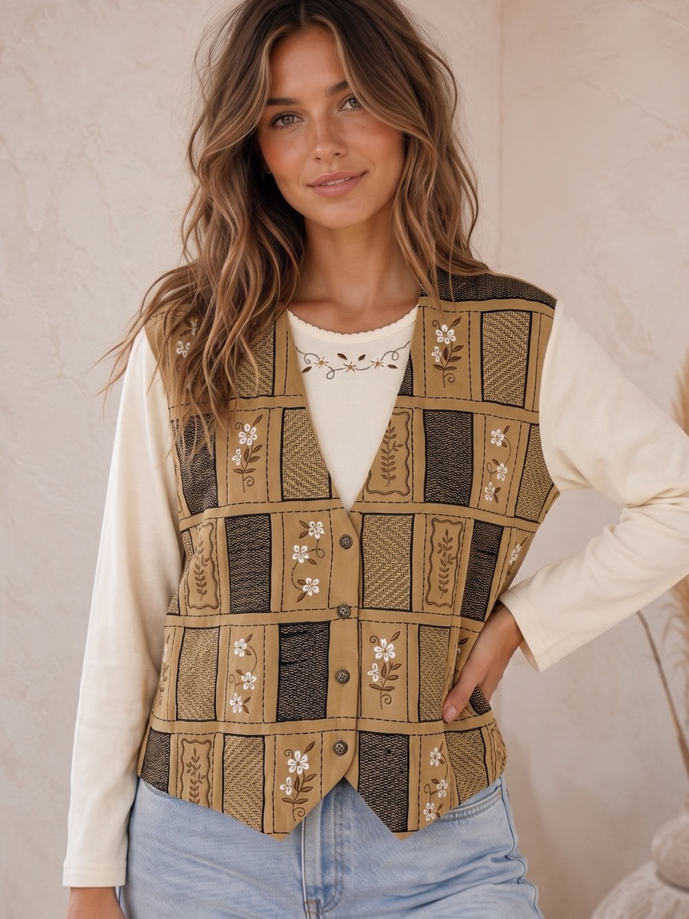 ALFRED DUNNER Patchwork Vest Mock Double Layer Blouse